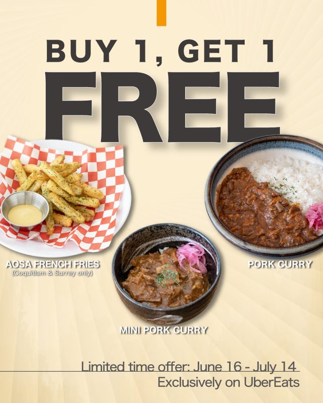 .
Uber Eats Summer Promotion
📣Buy 1, Get 1 FREE! 
*selected side items

From June 16 to July 14, enjoy “Buy 1, Get 1 Free”  on the following side items:
🔸Mini Pork Curry
🔸Pork Curry
🔸Aosa French Fries (available at Coquitlam & Surrey only)

This offer is available exclusively via Uber Eats at our four locations:
Metrotown, Coquitlam, Surrey, and GAIDEN.
(Dine-in and online orders are not eligible.)

Don’t miss this limited-time deal❗

#ubereatsvancouver #ubereatscanada

#coquitlamfoodie #coquitlameats #coquitlamfood #suureyfoodie #surreyeats #surreyfood #burnabyeats

#604eats #vcbfood #vancitybuzzfood #dishedvan #foodforfoodie #yvrfood #dhvanfood #vancouvereat #vancouvereats #vancouverfoodie  #yvreats

#japaneserestaurants #maruhachi #maruhachiramen  #homemade  #chickenbroth  #toripaitan #まる八 
#ラーメン #鶏白湯 #カレーライス