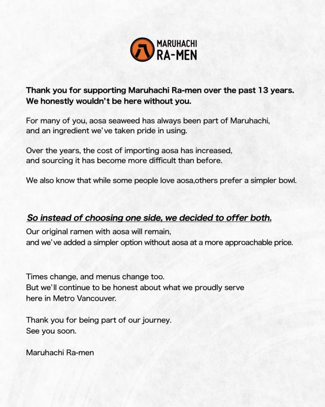 .
2026 grand menu update 🍜

Effective January 27th Tuesday 

#maruhachi #toripaitan
#yvreat #dishedvancouver #604eats